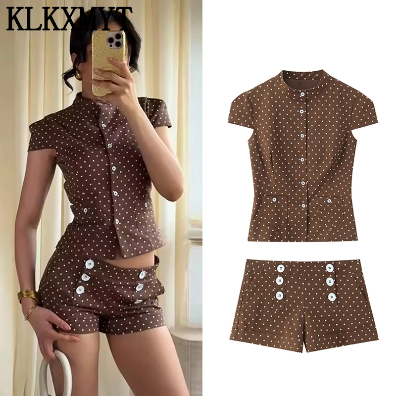 KLKXMYT Damen Sommer-Shorts-Set, neue Mode, gepunktetes Popeline-Oberteil mit Knopfleiste + High Street Mid-Waist Casual Shorts-Anzug