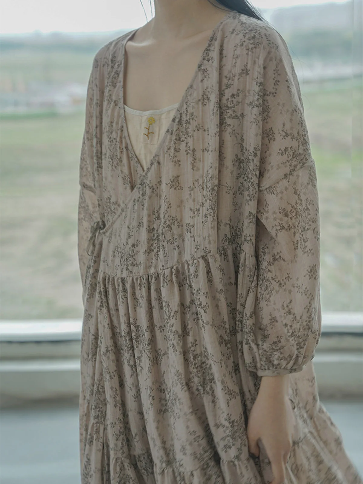 Französischer Stil Baumwolle Casual Wrap Before Floral Boho Lange Kleider Damen Puffärmel Sommerfalte Strandtunika Elegantes Turmkleid