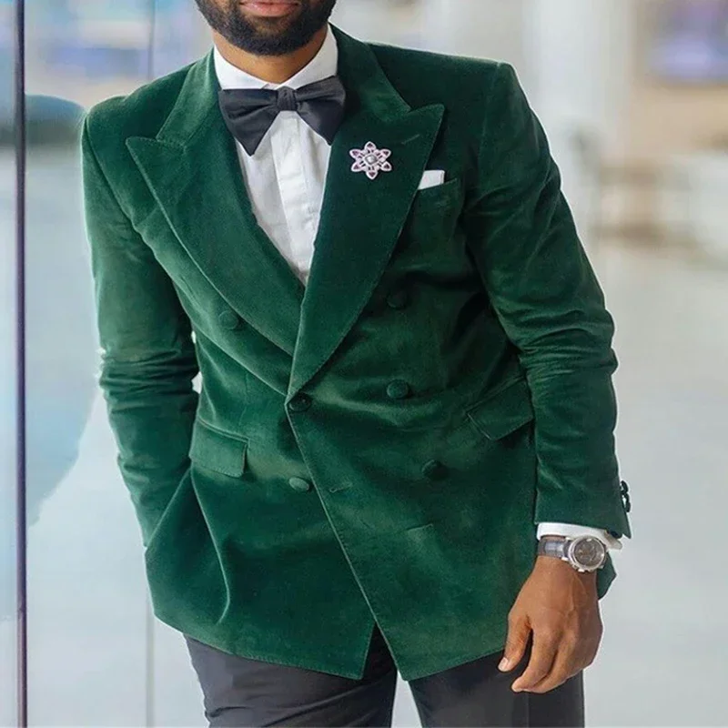 Green Velvet Suits For Men With Double Breasted Slim Fit 2 Piece Blazer With Black Pants Male Wedding Groom Tuxedo 2025