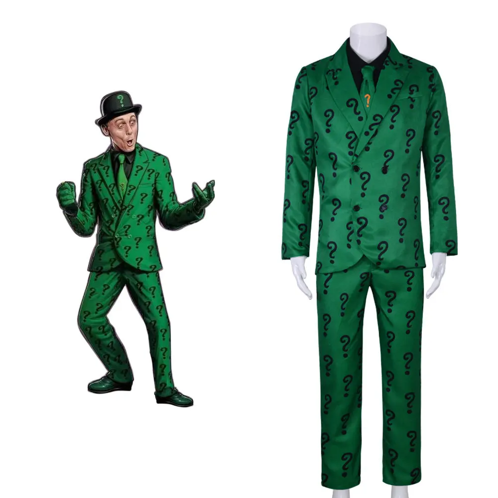 Bat Brother Cos Suit, Halloween Green Question Mark Suit, Villain Riddler Cosplay