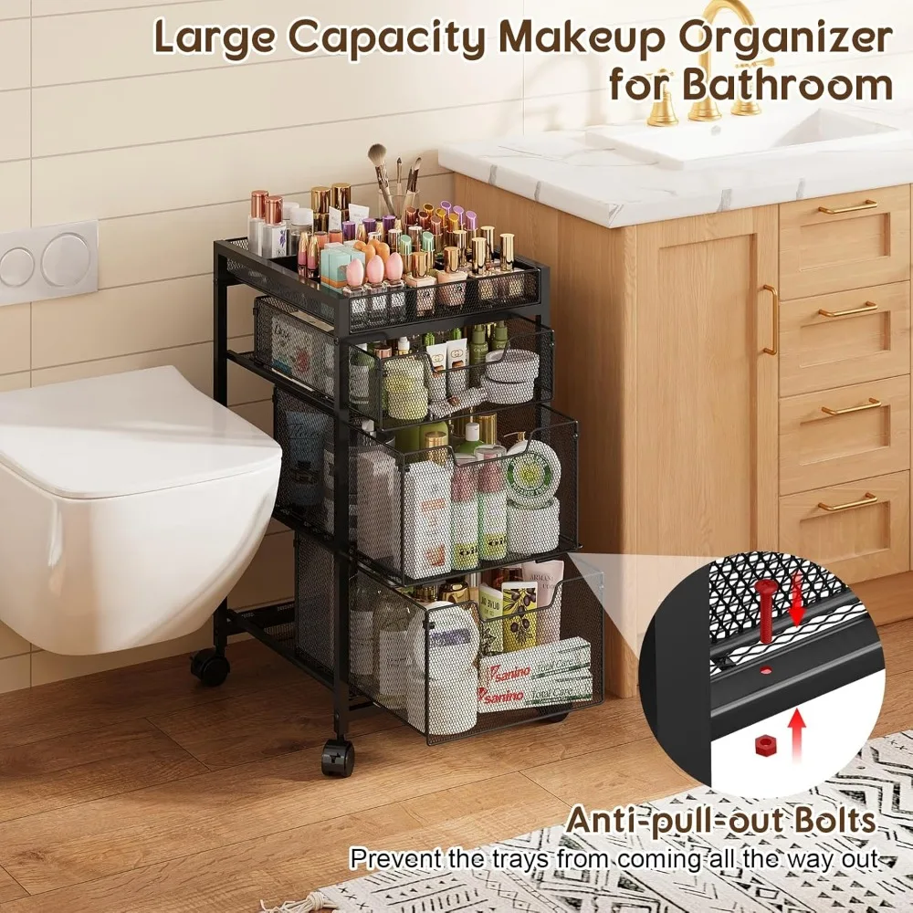 3-Drawer Rolling Makeup Cart with Dividers & Wheels, Versatile Cosmetic Storage Organizer for Beauty Tools, Black