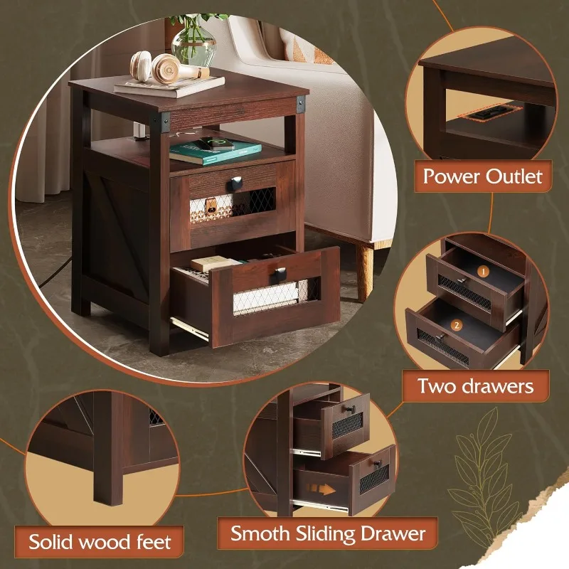 Table with Charging Station, Farmhouse End Table, Bed Side Table with 2 Mesh Drawers Storage & Open Shelf, Rustic Woo