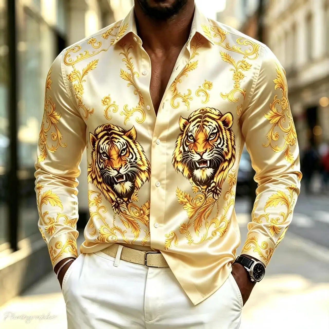 Men's Satin Silk Shirt with Double Tiger Head Baroque Print Long-Sleeved Buckle Collar Luxury Party Top, XS-6XL Size