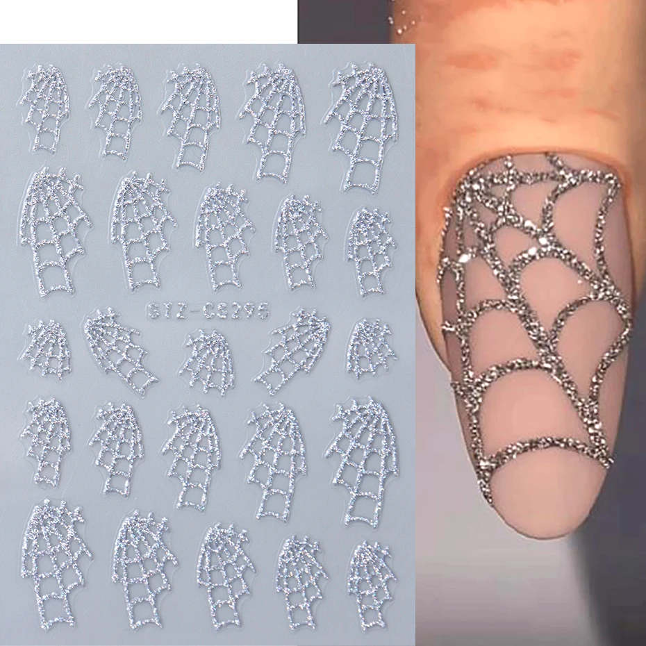 Ragnatela argento Glitter Nail Art adesivi decalcomanie autoadesivo Spider Love Heart Shimmer 3D Halloween Nail Stickers forniture