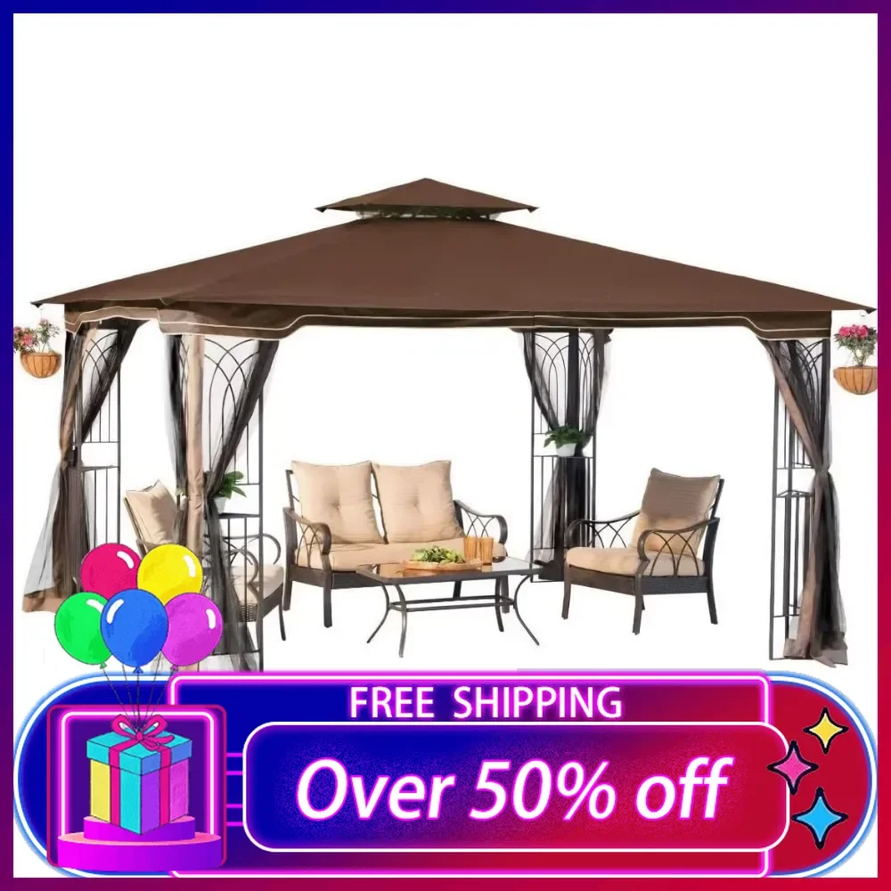 

10x12 Gazebo with Mosquito Netting, Plant Rings, Corner Shelves, Ground Stakes and Center Hook, Durable and weather-resistant