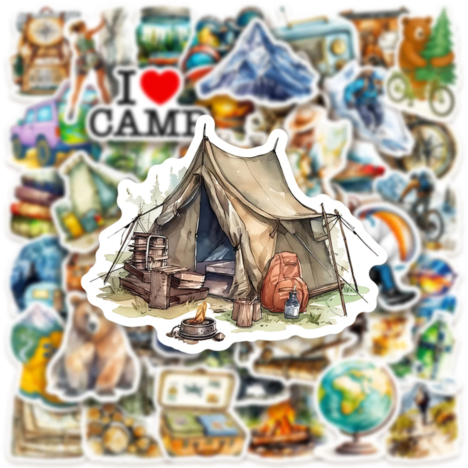10/50 قطعة ملصقات الكرتون السفر التخييم في الهواء الطلق الكتابة على الجدران مضحك الأنشطة في الهواء الطلق DIY بها بنفسك الاطفال اللعب المحمول الغيتار سيارة الدراجة الشارات