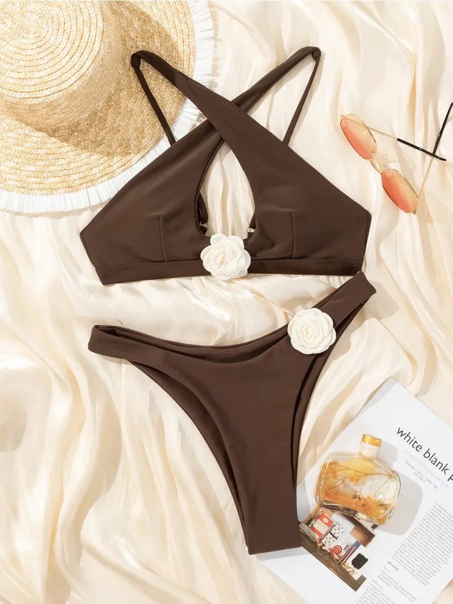 

Women's Bikini 3D Flower Sexy Hollow Out Halter Backless Swimsuit 2 Piece Set Beach Skirt Vacation Bathing Suit Swimwear 2025