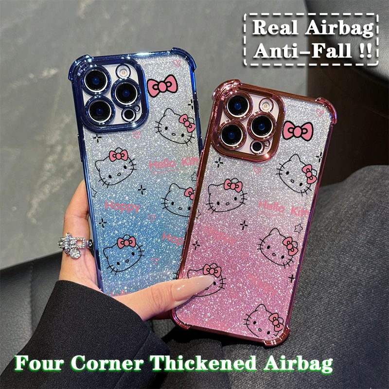 Cute Hello Kitty Plating Case For iPhone 16 15 14 13 12 11 Pro Max X XR XSMax 7 8 Plus Shockproof Anti Fall Cover