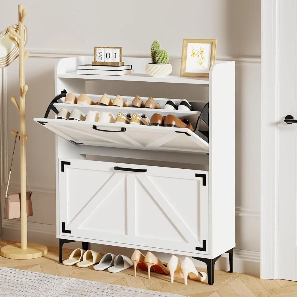 

Shoe Organizer with 2 Flip Drawers, Wooden Shoe Storage Cabinet for Entryway and Hallway, Store Up To 12-16 Pairs