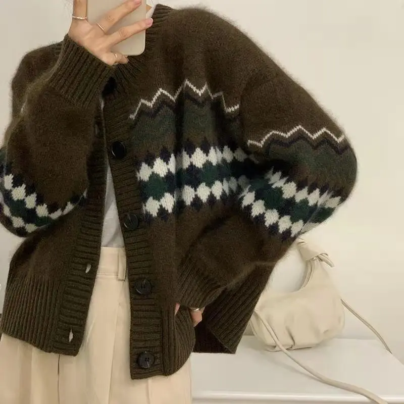 Fashion Spliced Button Geometric Loose Cardigan Sweaters Female Clothing 2023 Autumn Winter New Oversized Knitted Casual Tops