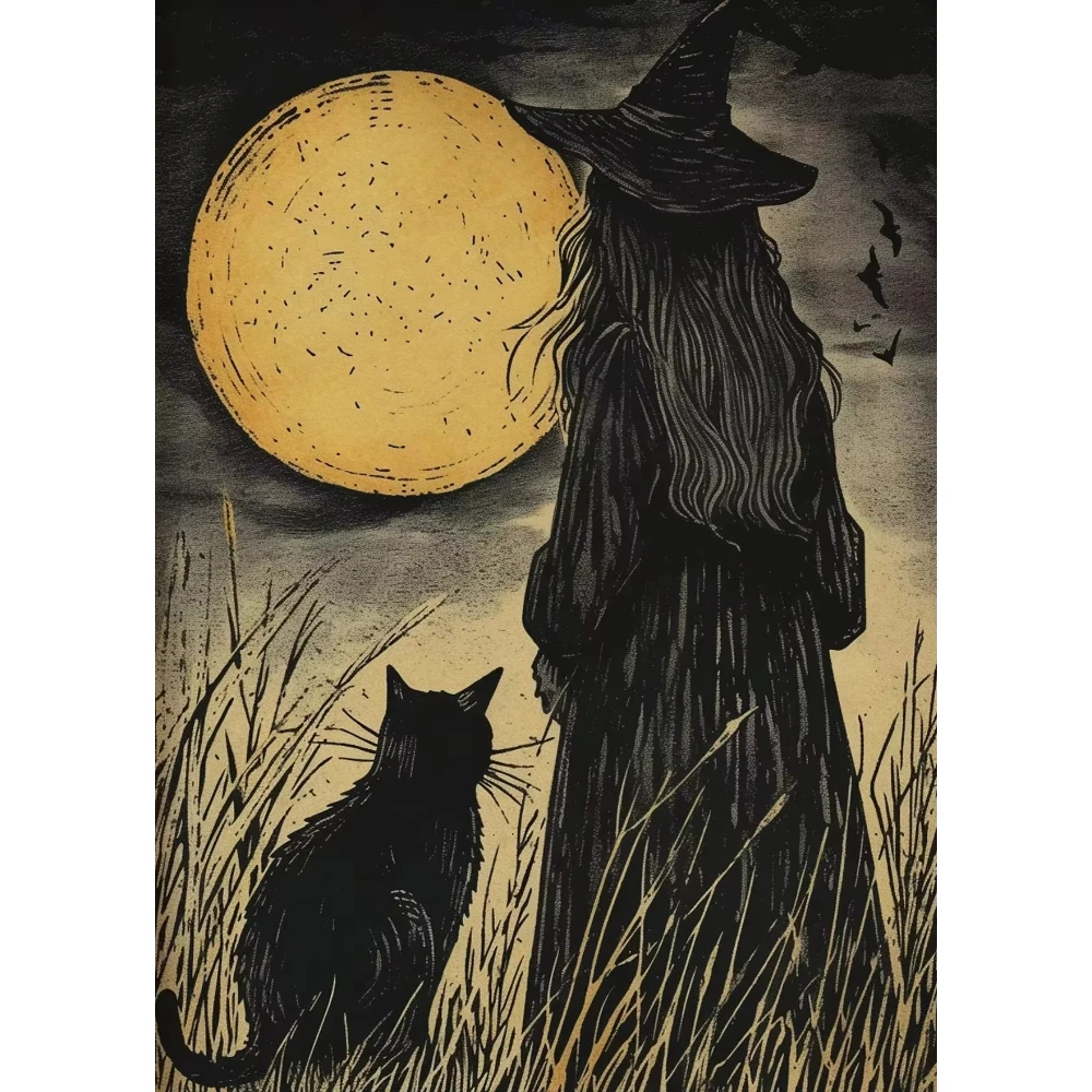 Mystic Moonlit 500/1000/1200/2000 Jigsaw Puzzle: Fox, Black Cat, Witch & Halloween Pumpkin Night Art for Adults Relaxation Gift