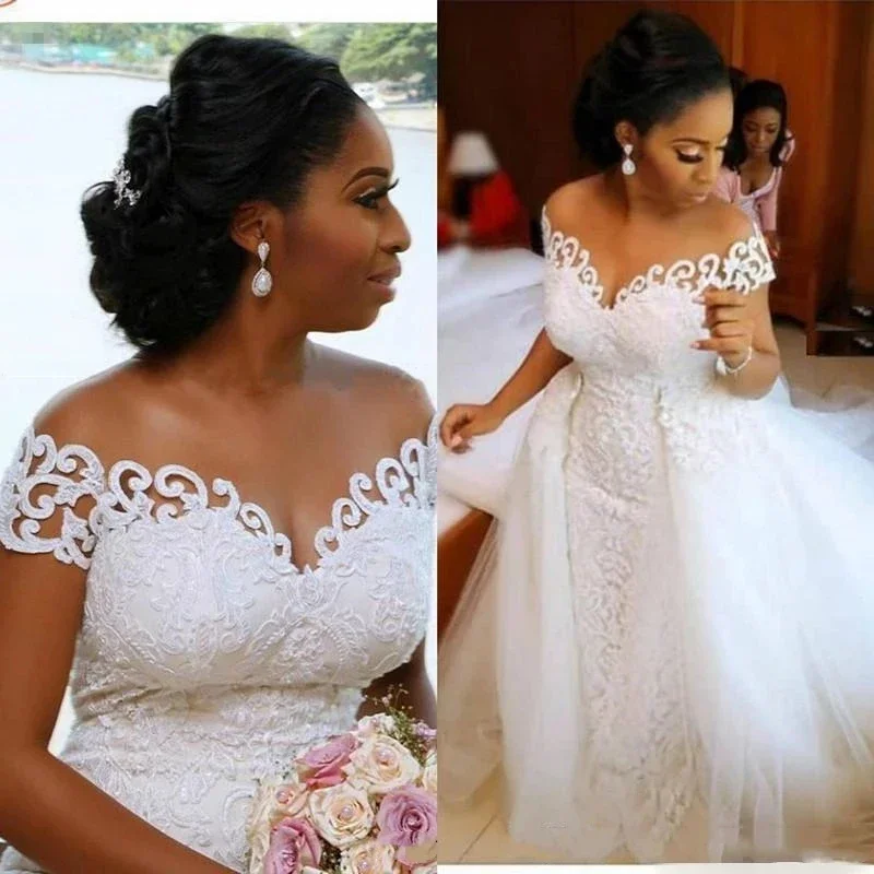 

Customized African Wedding Dresses Mermaid Vestido De Novia Detachable Skirt Off The Shoulder Wedding Gowns Lace Dress