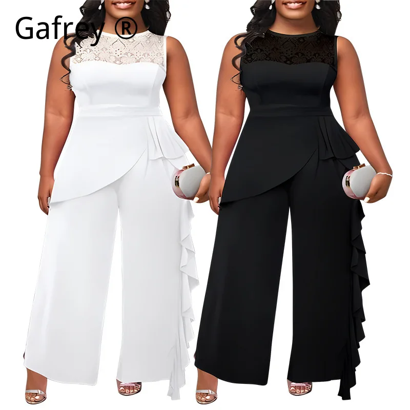 

New 5XL 4XL Plus Size Jumpsuit Women Solid Lace Splicing Wide Leg Straight Work Jumpsuit Elegant Business Casual Office Outfit