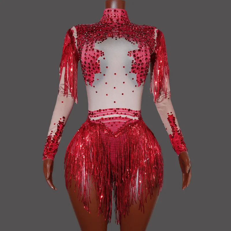 

Sparkly Rhinestones Sequins Tassel Bodysuit for Women Sexy Performance Dance Costume Singer Bar Dancer Stage Birthday Drag Queen