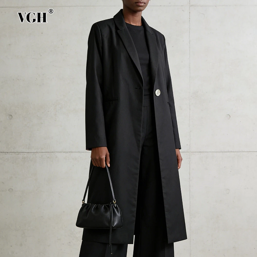 

VGH Solid Temperament Slimming Trench Coat For Women Lapel Long Sleeve Spliced Button Autumn Elegant Jacket Female Fashion New