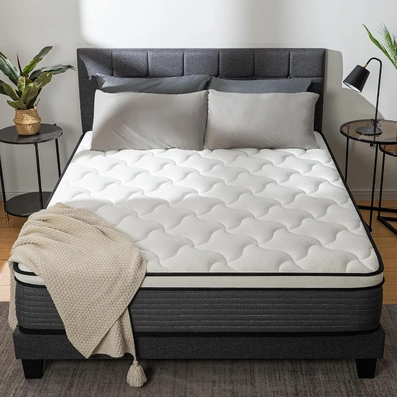 Queen Mattress, Pillow Top Hybrid Mattress in a Box Medium Firm Fiberglass-Free, Soft Breathable Pressure Relief Memory Foam