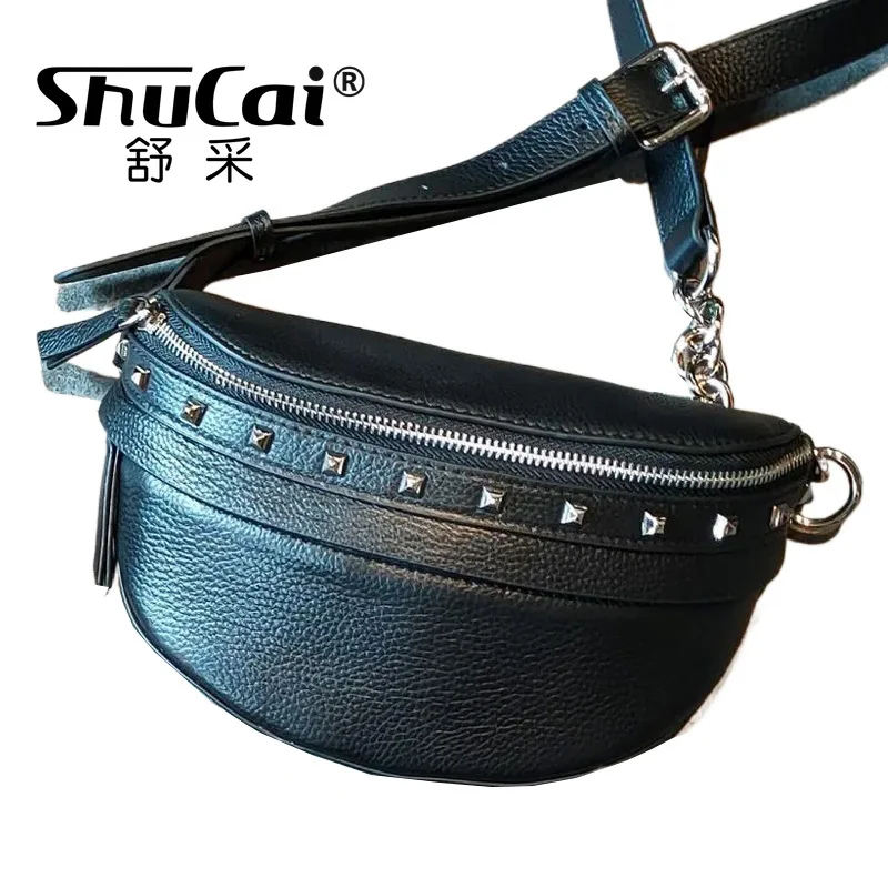 Genuine leather female Korean version soft leather chest bag ins youth willow studs crossbody waist bag for women saddle bag