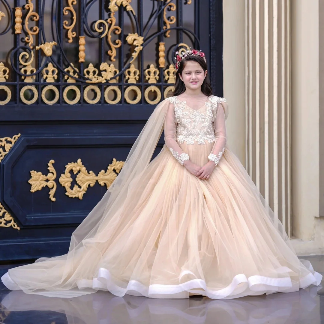 Customized Champagne Flower Girl Dress Tulle With Shawl Long Sleeve For Wedding Birthday Party Holy Communion Gown