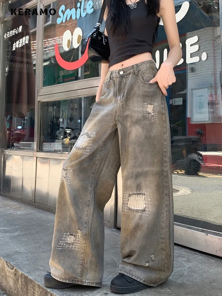 Pantalones vaqueros rasgados estéticos Vintage para mujer, pantalones informales de longitud completa con fregona para daños, pantalones vaqueros holgados Punk Y2K para verano 2025