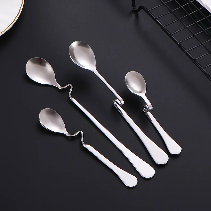 200pcs New Style Bent Spoon Creative Straight Hanging Stainless Steel Dessert Stirring Spoons Coffee Tea Tools