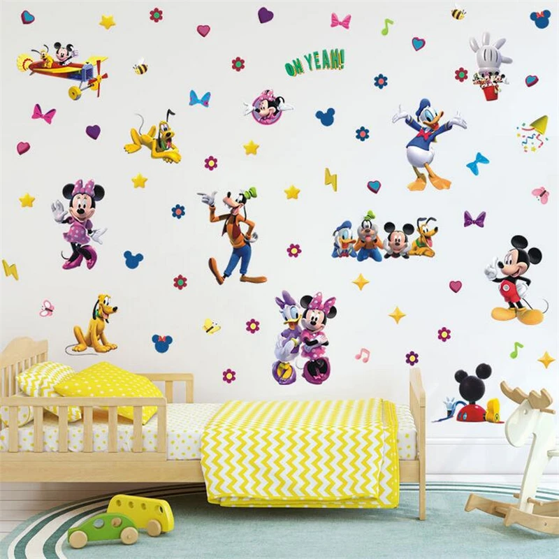 MINISO Cartoon Mickey Minnie Mouse Wall Stickers For Kids Room Baby Bedroom Princess Room Wall Art Nursery Amusement Park Poste