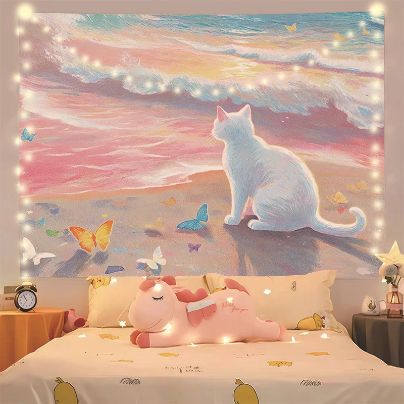 VIKAMA Pink Sunset Beach Cat Tapestry Wall Hanging, 6 Designs, Wall Decor for Bedroom Living Room Dorm