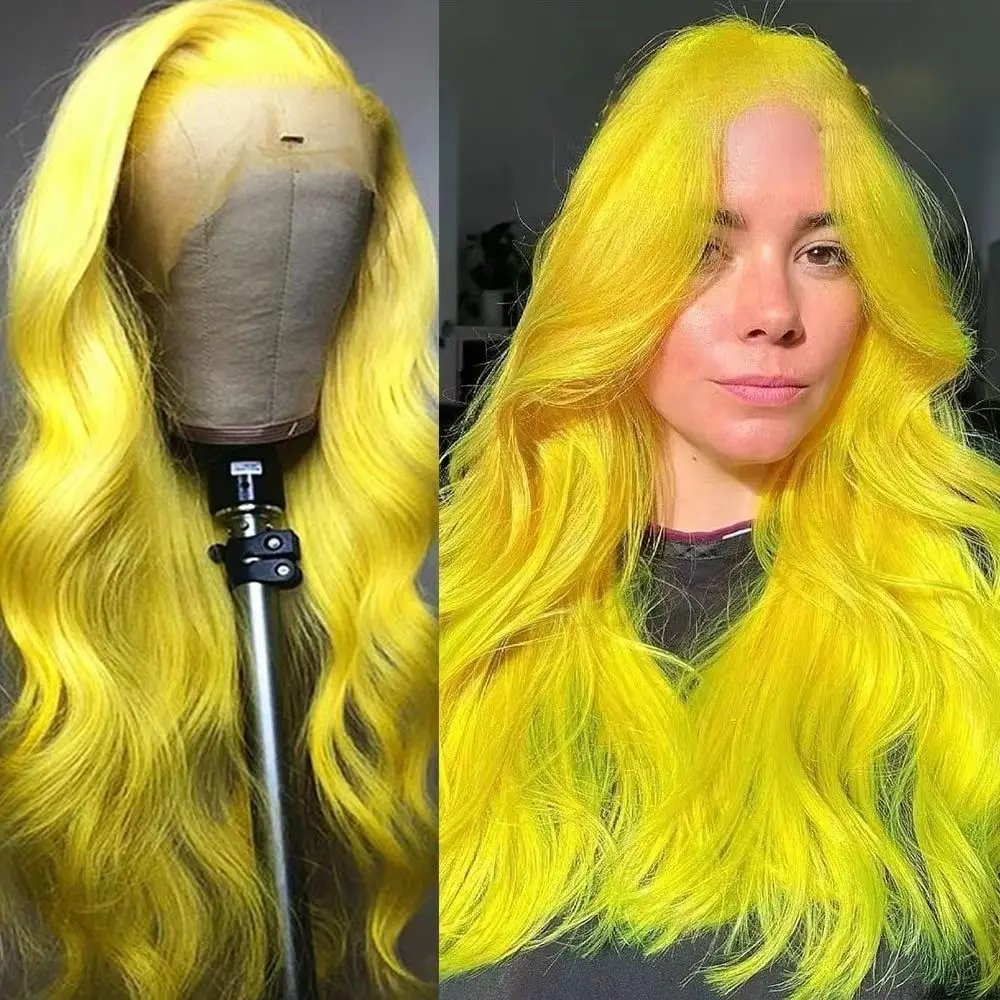 Yellow Body Wave Hd Synthetic Wig Colored Long Wavy Loose Wave 13X4 Lace Front Party Cosplay Wigs Glueless Wear To Go For Women