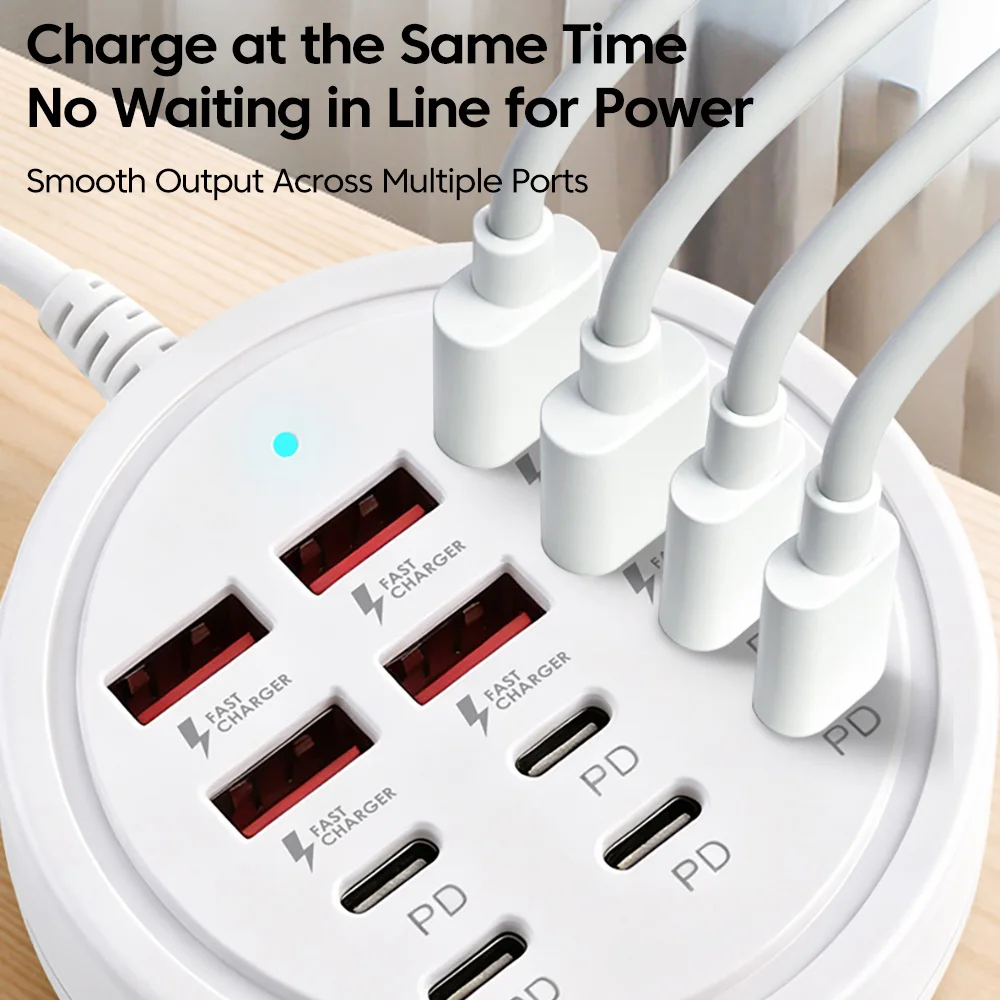 12-Ports USB Charger 6 USB-A 6 USB-C Desktop Charging Station Fast Charging Multi Port Wall Power Adapter With 1.2M Cable Light