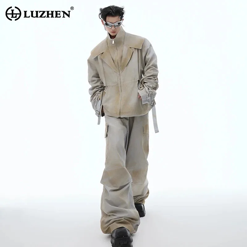 LUZHEN Wornout Fake Two Piece Coat Design Jackets Pleated Adjustable Drawstring Men's Casual Street Loose Workwear Style LZ8781