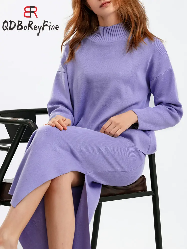 Women Knitted Skirt Sets Elegant Office Lady Long Sleeve Pullovers and Straight Midi Skirt Suits Slit Two Piece Sets Women 2024