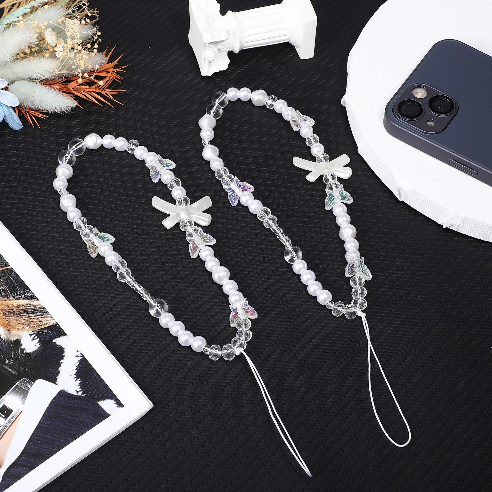 2Pcs Phone Chain Strap For Couple Phone Charm Christmas Stocking Stuffers Beaded Unique Cute Bow Lightweight Anti-loss