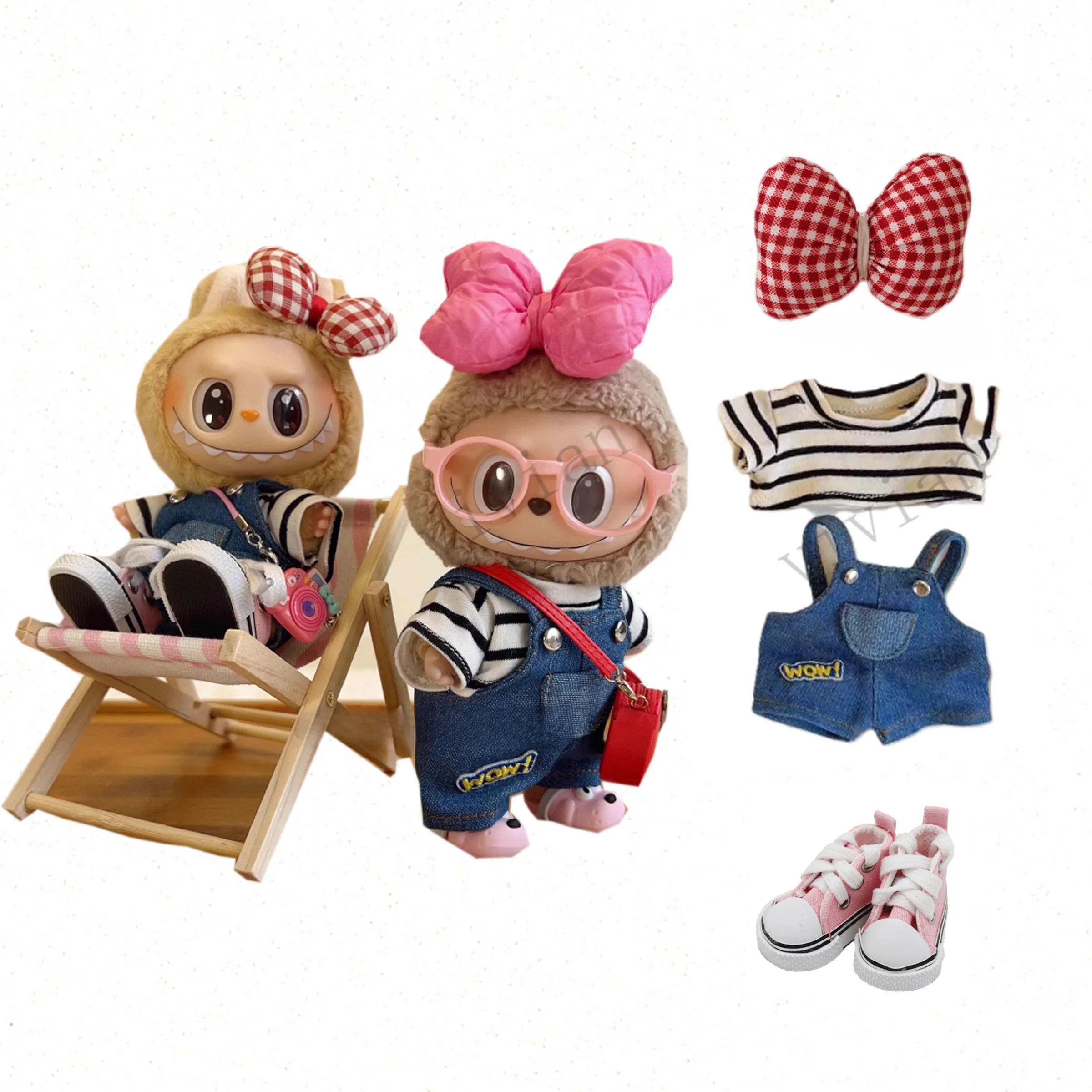 Mini Plush Doll'S Clothes Outfit Accessories For Korea Kpop Exo 15-17cm Labubu Idol V1 V2 Striped overalls Clothing Gift