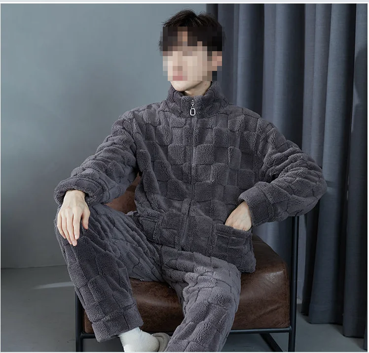 2024 New Men Winter Warm Flannel Pajamas Set V-neck Fluffy Coat + Long Pants Male Sleepwear for Sleeping 2 Pieces Housewear 3XL