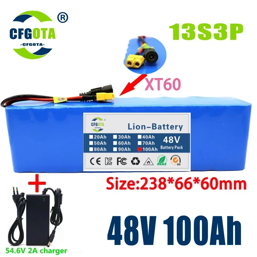 

13S3P 48V 100000mAh 100Ah lithium-ion battery pack with 1000W BMS, suitable for 54.6V