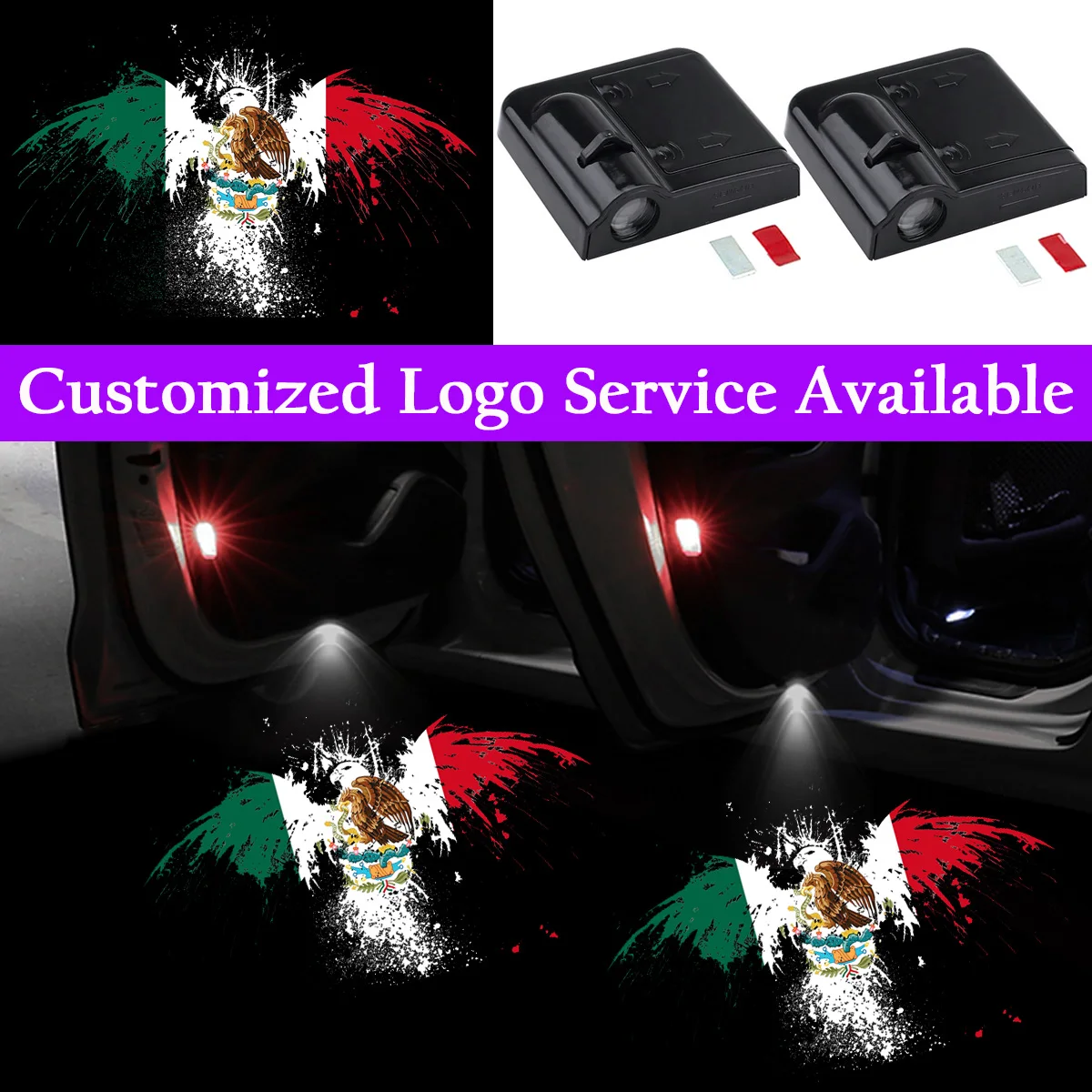 2x Mexican Eagle Car Door Logo Lights Mexico Flag Wireless Welcome Courtesy Door LED Light Ghost Shadow Projector Light