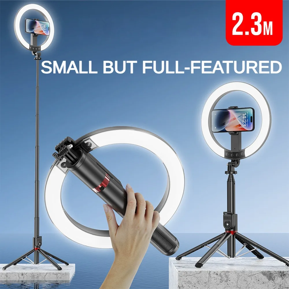 Xiaomi Aluminum Telescopic Selfie Stick with 10 Inch Round Fill Light 2.3M Phone Holder for Video Recording and Live Streaming