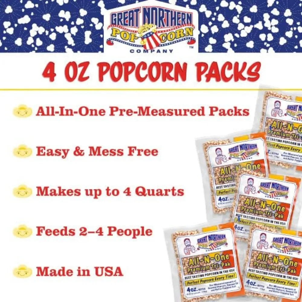 Popcorn Machine, 4 Oz Kettle with 24-Pack of Pre-Measured Popcorn Kernel Packs, Scoop, and Serving Cups