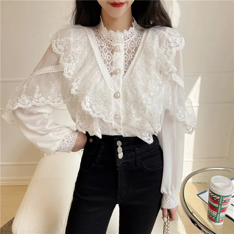 Spring Women Shirts Splicing Lace Embroidery Cascade Ruffle Blouses Pearl Stand-up Collar Lantern Sleeve Chiffon Button Up Shirt