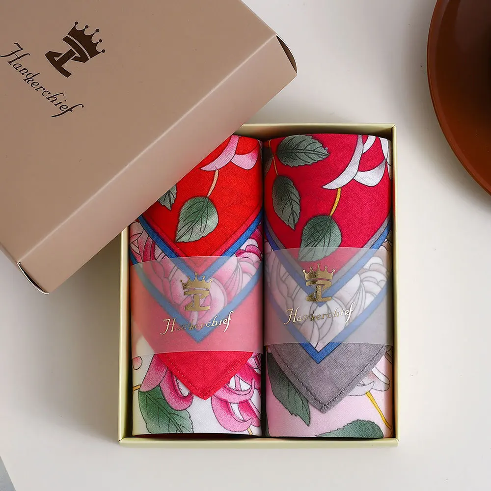 Women's 43cm Vintage 100% Cotton Floral Handkerchief, Soft Retro Ancient Style Sweat Hanky, Gift Box Packed Pocket Towel