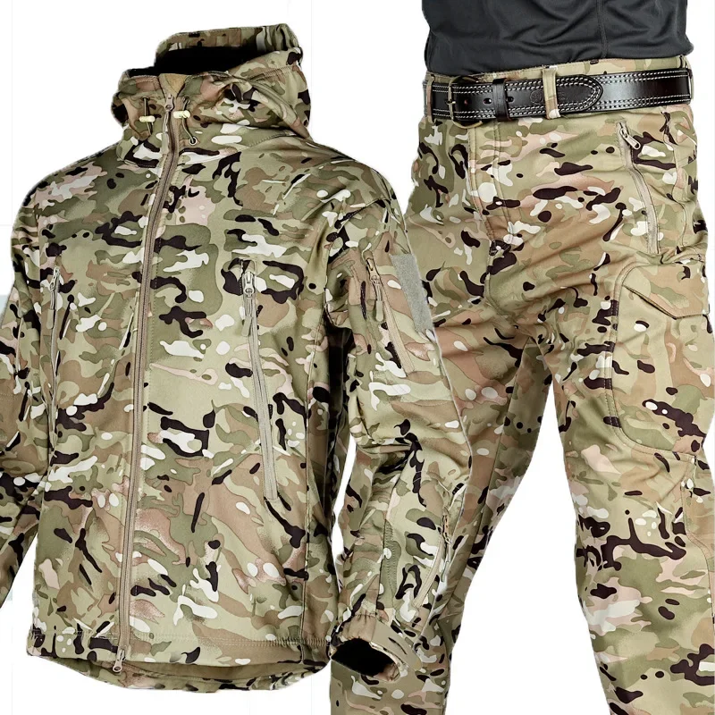 

Winter Fleece Warm Jackets Sets Men Outdoor Training SharkSkin Soft Shell Windproof Waterproof Camping Trip Jacket CargoPants