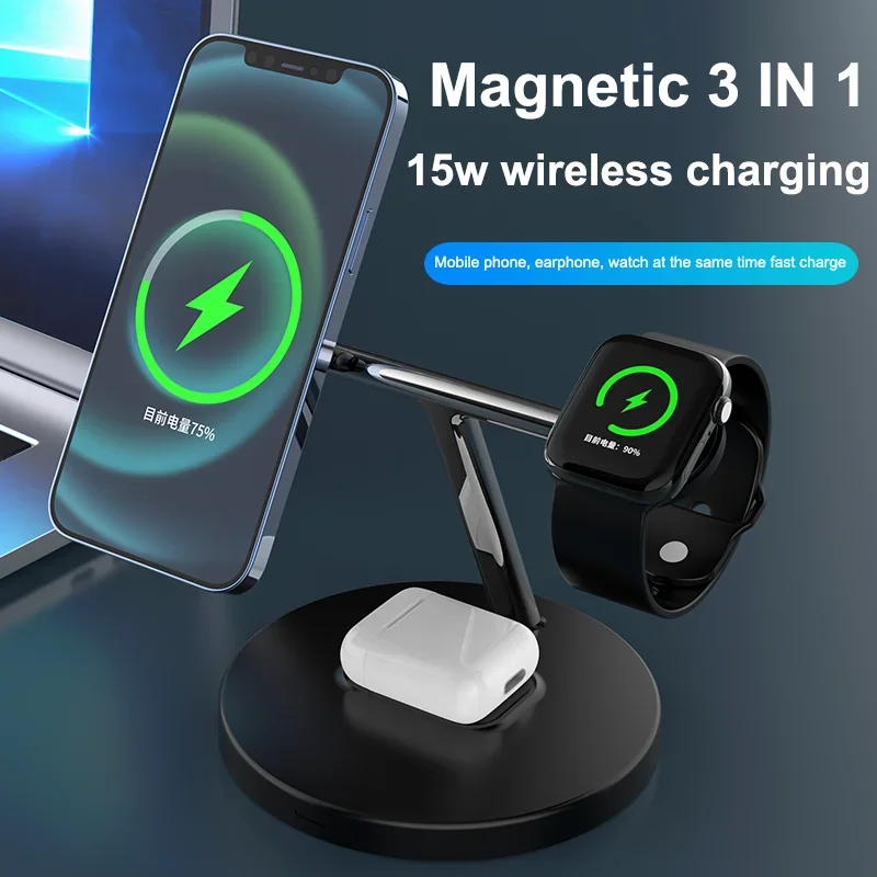 حامل شاحن لاسلكي مغناطيسي سريع ، محطة شحن Macsafe iPhone 14 13 12 Pro Max Airpods Pro Apple Watch 8 7 ، 3 in 1 ، 30W