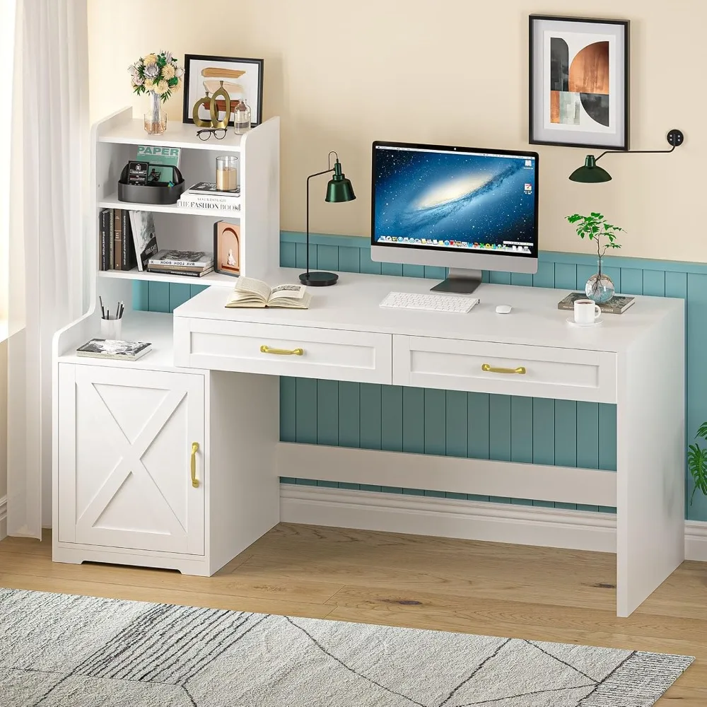 

60" Computer Desk with Drawers & Bookshelves, Home Office Desk with Storage Cabinet & Spacious Desktop, Writing Gaming Study Tab
