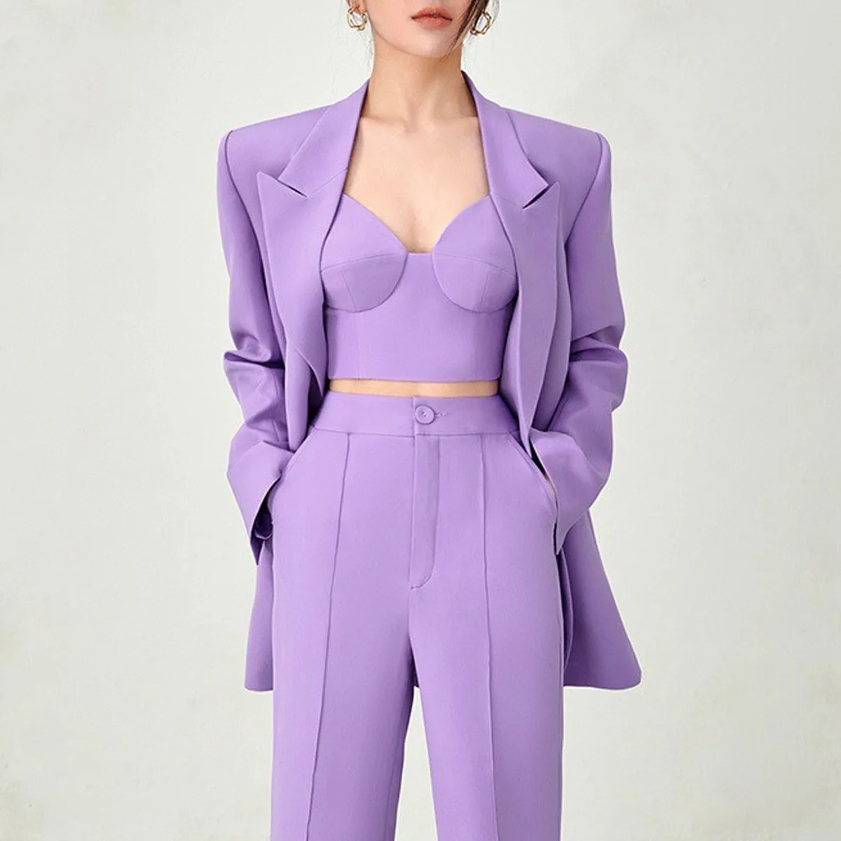 

New Fashion Fresh Fuchsia Color 3PCS Blazer Set with Bre Top and Pencil Pants Women Chic Street Bodycon Suits American European