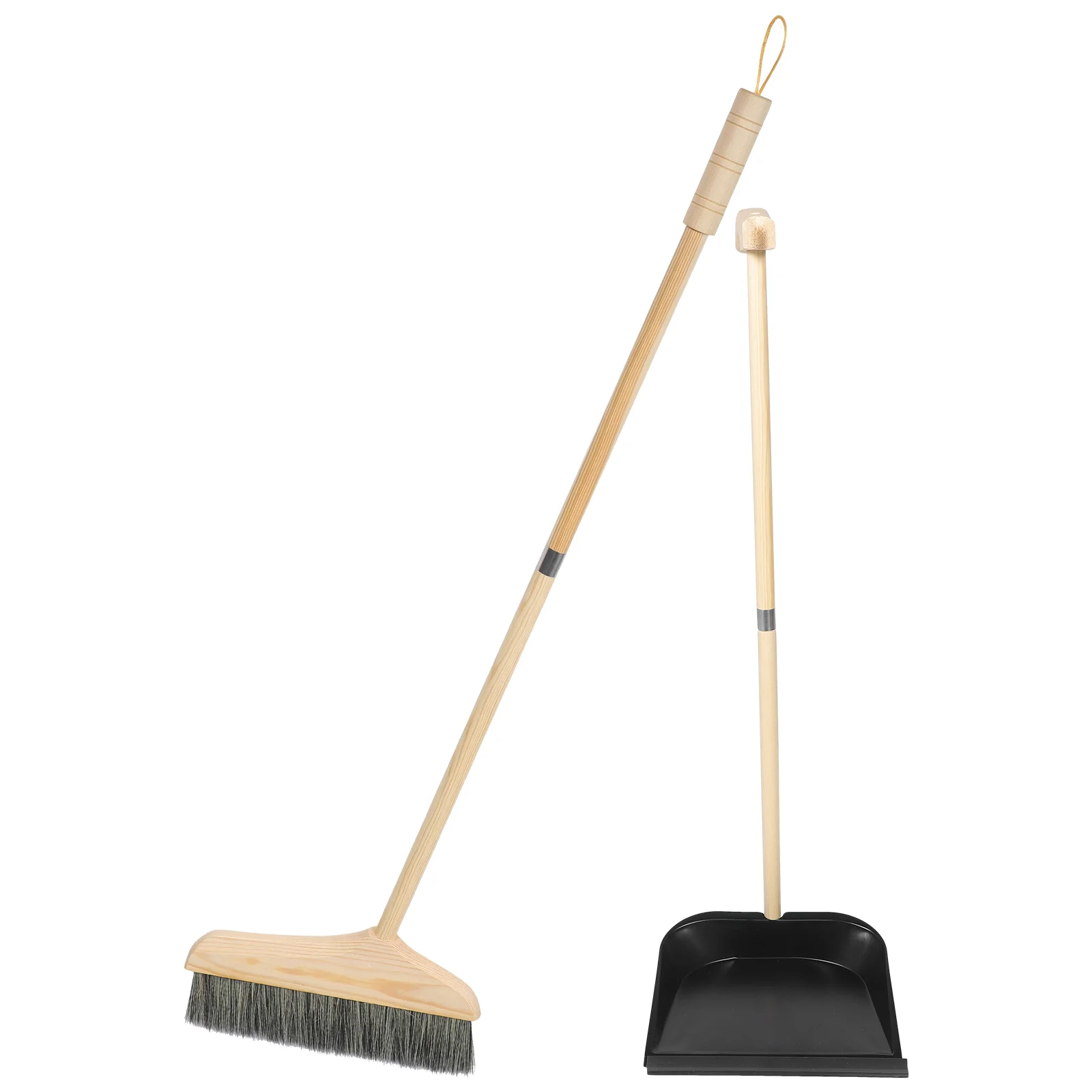 Solid Wood Bristle Broom and Dustpan Set Black Home High-quality Cleaning Durable Stainless Steel Anti-wind