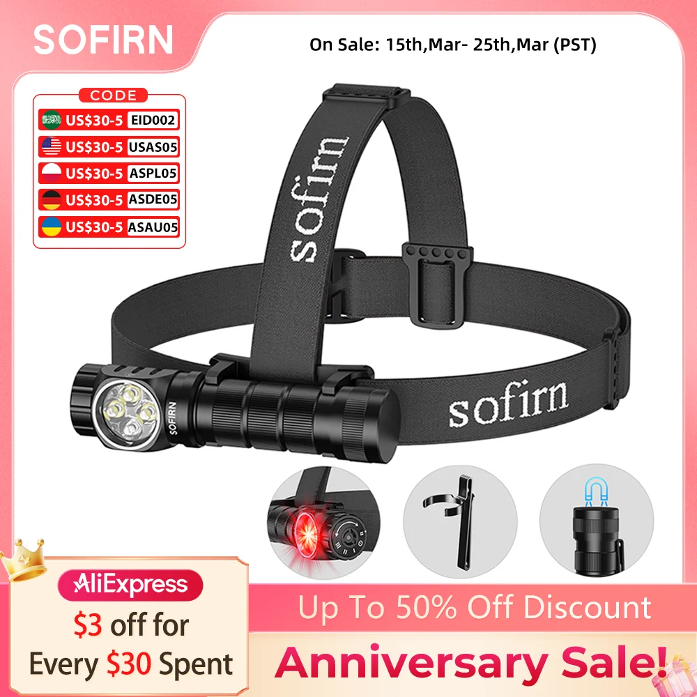 

SOFIRN HS43 3200lm Headlamp 184m White&660nm Red LED Rotary Switch 21700 USB C Rechargeable Flashlight IPX6 Waterproof