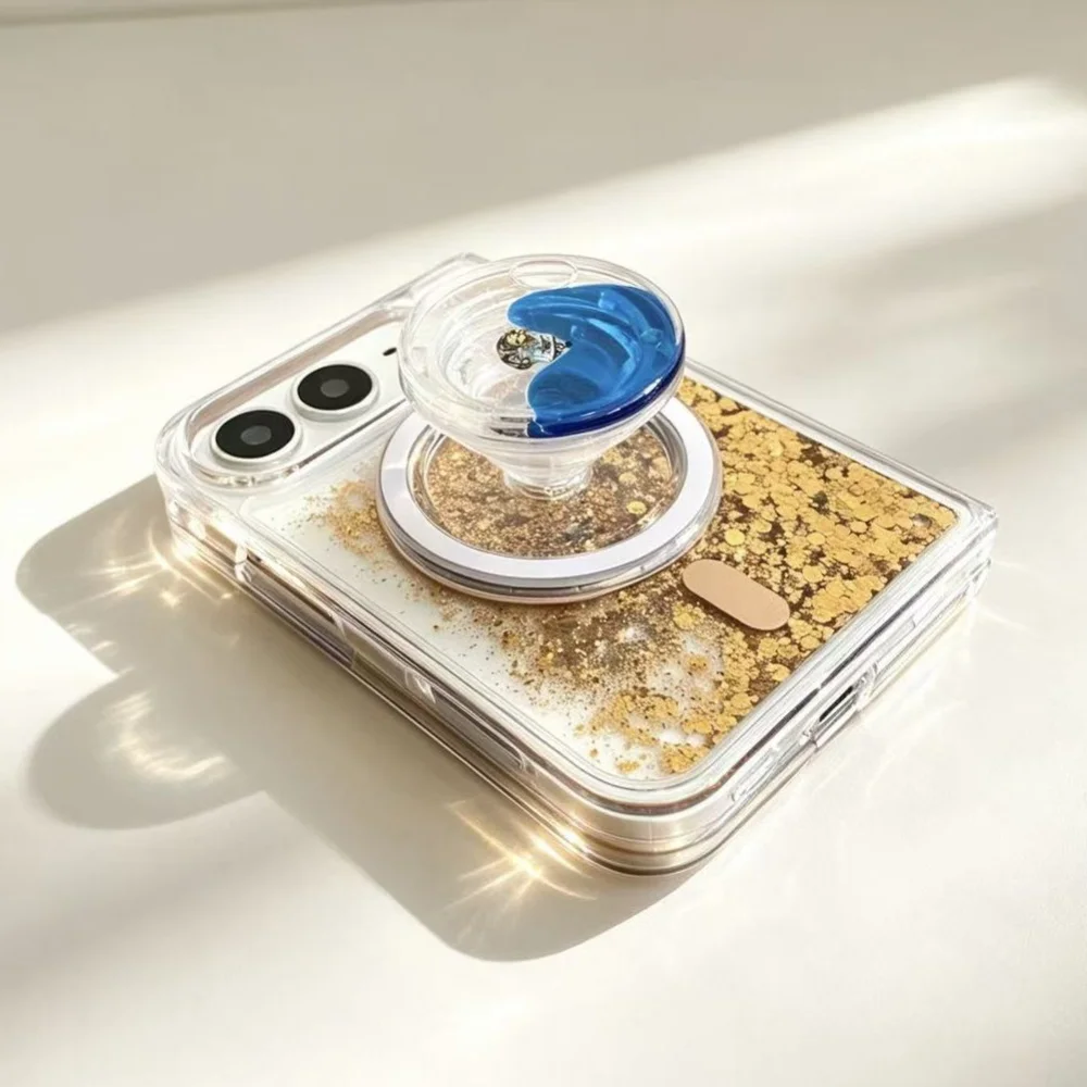 Funda de arena movediza líquida para iPhone Duo, con diseño magnético, plegable, de TPU, resistente a los golpes, con purpurina y brillo, y compatible con carga inalámbrica.