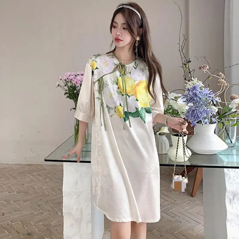 Half Sleeve Nightwear Loungewear Women Nightgown Print Lady Nightdress Sleepwear Loose Silky Satin Nighty Gown Summer Home Dress