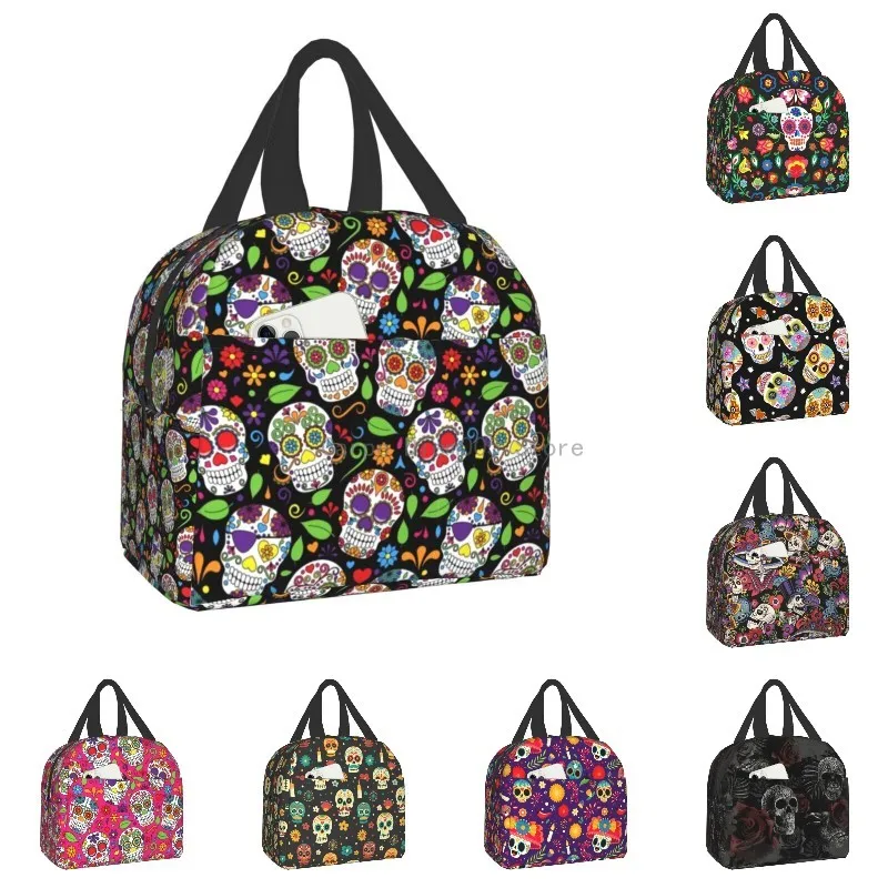 

Mexican Sugar Skull Insulated Lunch Bag Waterproof Halloween Cooler Thermal Lunch Box for Women Work School Food