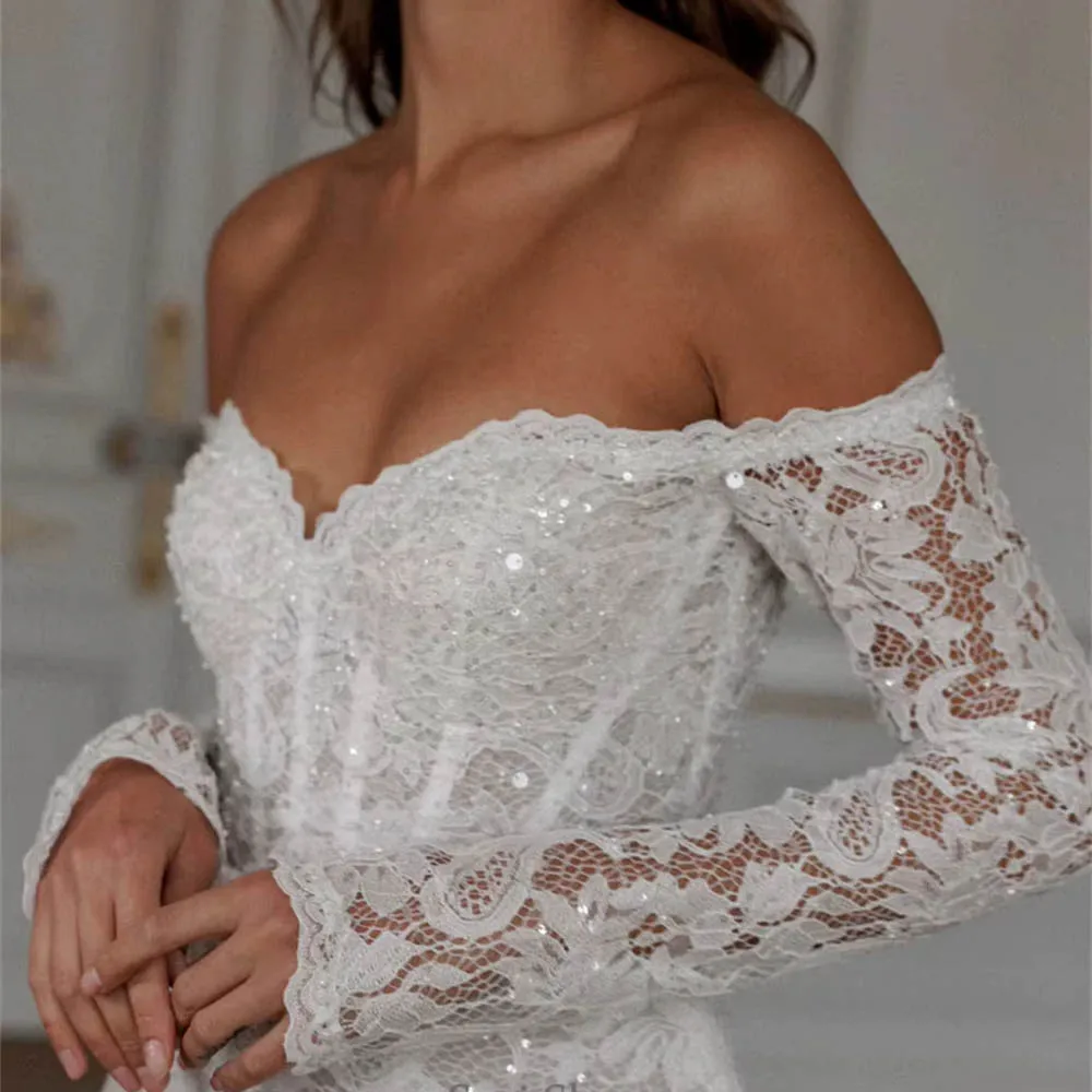تخصيص قبالة الكتف فستان الزفاف القصير بريق الدانتيل طويلة الأكمام فستان الزفاف البسيطة رائع استقبال ارتداء ثوب الزفاف