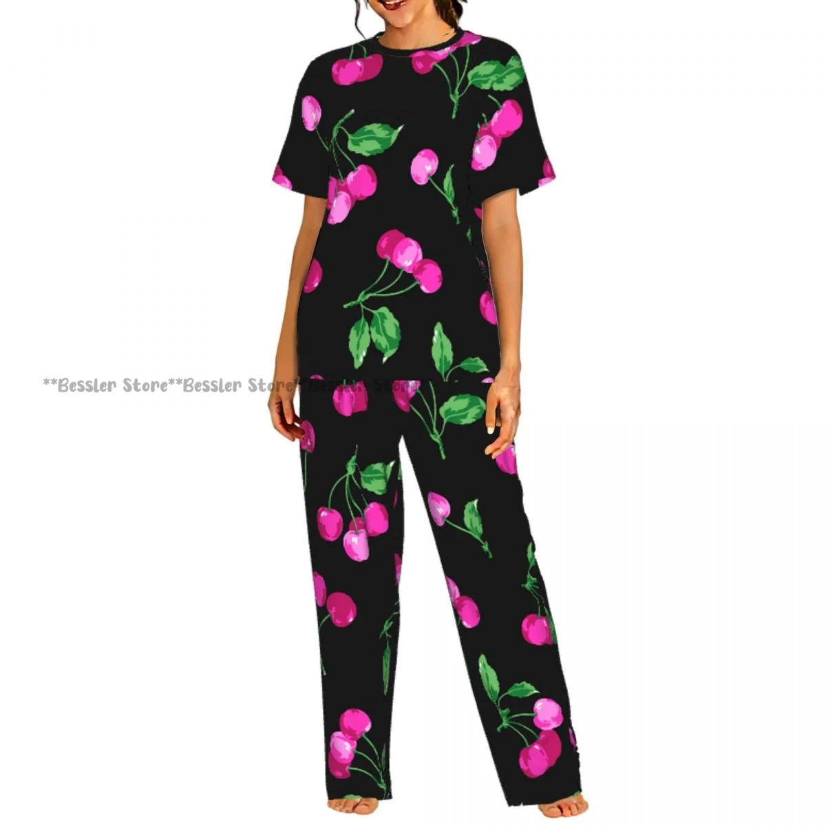 

Women Pajama Sets Lounge Sleepwear Cherry Watercolor Short Sleeve Nightwear